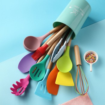 Color Silicone Kitchenware Set Wooden Handle Silicone Non-stick Cookware Cooking Spatula 12-piece Kitchen Utensils